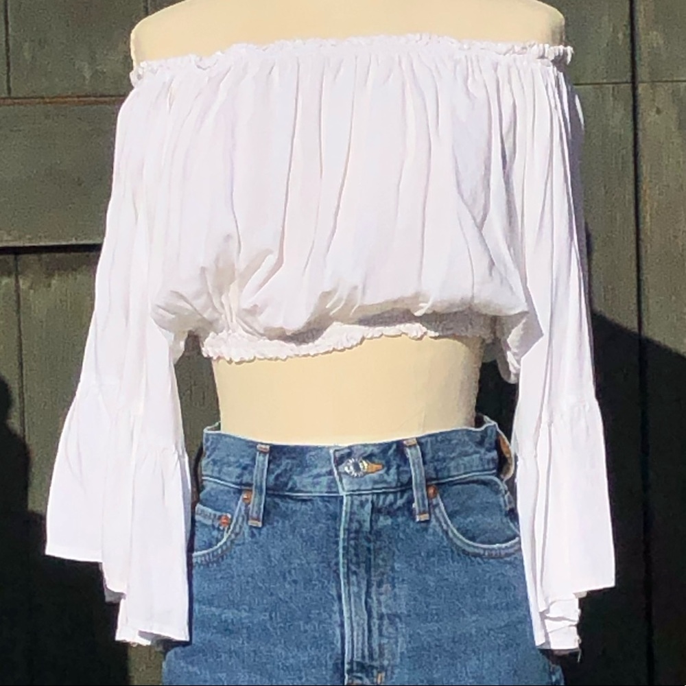 OFF THE SHOULDER CROPPED TOP WITH BELL SLEEVES